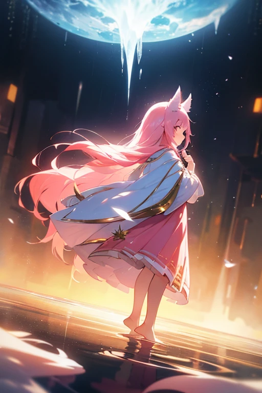 (best quality1.4)++, (masterpiece1.4)++, (detailed1.4)+, 1girl, cute face, fox girl, ice queen, (long pink hair)+, elegant, royal, cute, barefoot, detailed pink jacket, cute multilayered skirt, gold jewelry, full body shot, natural lighting, soft lighting, dramatic lighting, highly detailed, unreal engine, bokeh, 8k uhd, raytracing, lumen reflections, volumetric fog, Digital art, character design, concept art, divine, celestial, featured on pixiv, epic composition