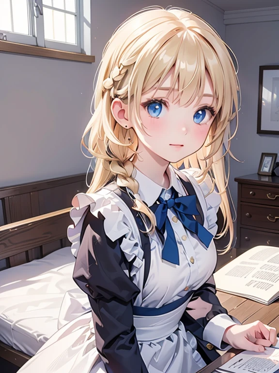 (8k, highest quality, Tabletop:1.2)、Ultra-high resolution, One 14-year-old girl, Perfect Fingers, Detailed face, blue eyes, Blonde, Braid, Long Hair, Black maid outfit,  Inside the castle, Bedroom、Making the bed