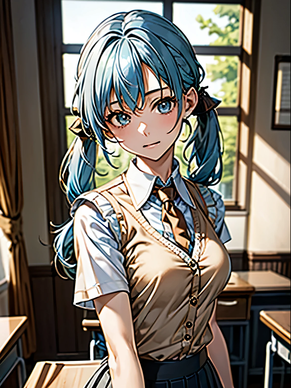 ((highest quality)),(超A high resolution),(Very detailed),(Detailed Description),((The best CG)),(masterpiece),Ultra-detailed art, ((Light blue hair:1.3))、((High-quality fabric, Light brown cardigan vest:1.4, Light grey pleated skirt, (Short sleeve shirt with white collar:1.6), Dark red tie)), (Long hair twin tails:1.4), after school, School classroom, blackboard, Desk and chair, (Medium breast:1.5)