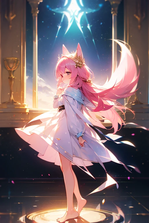 (best quality1.4)++, (masterpiece1.4)++, (detailed1.4)+, 1girl, cute face, fox girl, ice queen, (long pink hair)+, elegant, royal, cute, barefoot, detailed pink jacket, cute multilayered skirt, gold jewelry, full body shot, natural lighting, soft lighting, dramatic lighting, highly detailed, unreal engine, bokeh, 8k uhd, raytracing, lumen reflections, volumetric fog, Digital art, character design, concept art, divine, celestial, featured on pixiv, epic composition