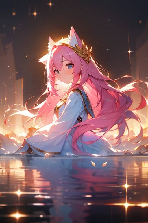 (best quality1.4)++, (masterpiece1.4)++, (detailed1.4)+, 1girl, cute face, fox girl, ice queen, (long pink hair)+, elegant, royal, cute, barefoot, detailed pink jacket, cute multilayered skirt, gold jewelry, full body shot, natural lighting, soft lighting, dramatic lighting, highly detailed, unreal engine, bokeh, 8k uhd, raytracing, lumen reflections, volumetric fog, Digital art, character design, concept art, divine, celestial, featured on pixiv, epic composition