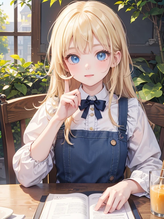 (8k, highest quality, tableトップ:1.2)、Ultra-high resolution, One 12-year-old girl, Perfect Fingers, Detailed face, blue eyes, Blonde, Braid, Blue Apron Dress, Alice in Wonderland, Castle garden, Trump&#39;s Soldiers, table, 白いtableクロス, Tea 