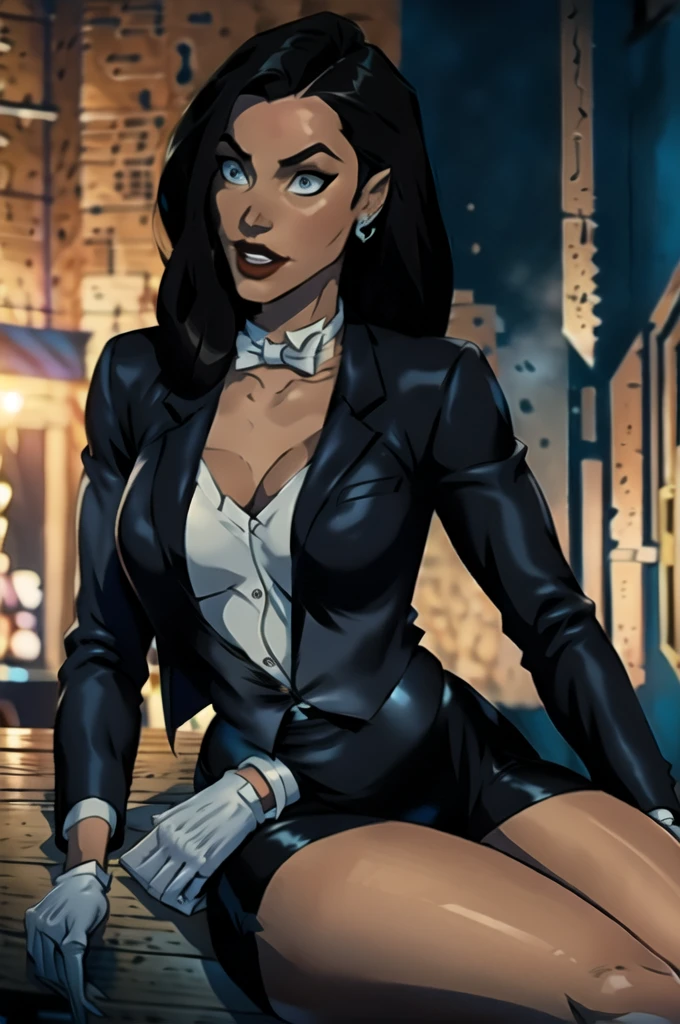 Zatanna, realistic, realism, photorealism, photo-realistic, high contrast, (photorealistic:1.4), 8k high definition detailed realistic, (best quality, masterpiece:1.2), NSFW,  photon mapping, radiosity, physically-based rendering, best quality, highly detailed, 1girl, anaa, full body, Jewelry, earring, outdoor,woods,((skirt suit)), suit and bowtie, (((tuxedo))), silk dress shirt, shirt and bowtie, (((bowtie))), ((blazer)), ((suit jacket)), ((waistcoat)), ((bodycon miniskirt)), (((pencil skirt))), pantyhose, tights, stockings, pocket square, tailored suit, (((cufflinks))), smile, full body, high heels,sitting at bar, from side,  inside, bar, ,sipping drink, white gloves, hot body , gorgeous breast