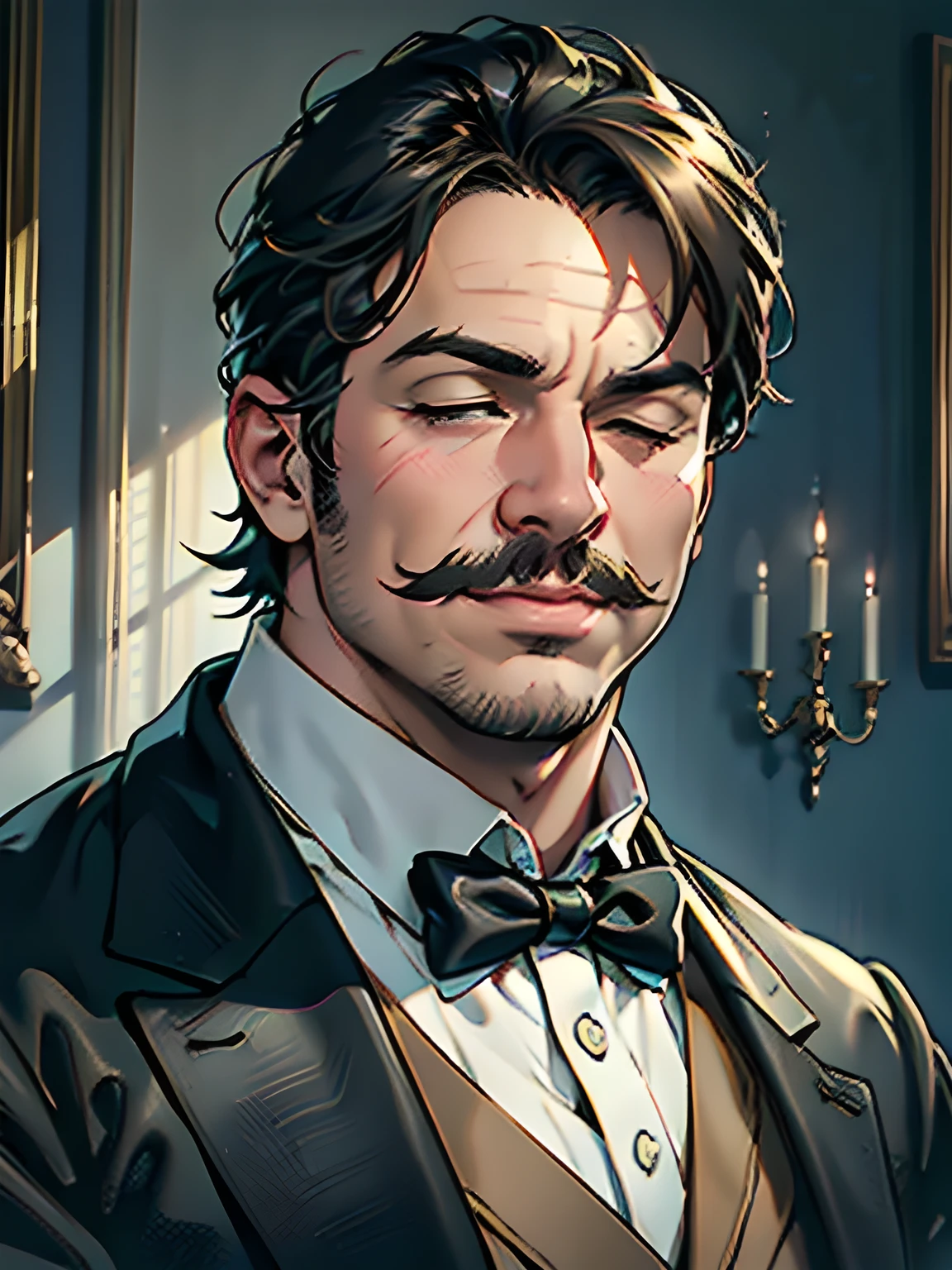 British gentleman, black suit,sarcastic smile face, very fat!!!, fat, chubby!!!, eyes closed, monocle, are fat, anime painting, detailed face and features, sophisticated facial expression, distinguished mustache, tall and elegant, perfect posture, vibrant colors, natural lighting, classic style. (best quality,4k,8k,highres,masterpiece:1.2), ultra-detailed, (realistic,photorealistic,photo-realistic:1.37), art gallery ambiance, fine brushstrokes, traditional art techniques, regal aura, elegant background, vintage setting.