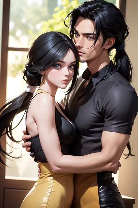 A couple, 1 male (A tall, handsome young man with black hair, blue eyes, long black hair gathered in a tight ponytail at the bac...