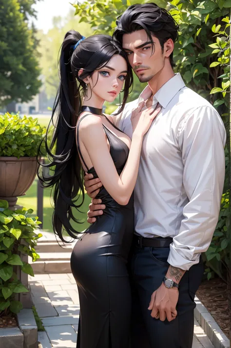 A couple, 1 male (A tall, handsome young man with black hair, blue eyes, long black hair gathered in a tight ponytail at the bac...