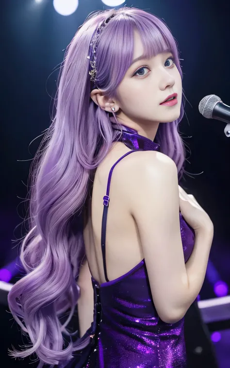 (highest quality, back pose:1.2), 1 female singer, 20 years old, otherworldly fantasy,shoulder strap,sing alone, light purple ha...