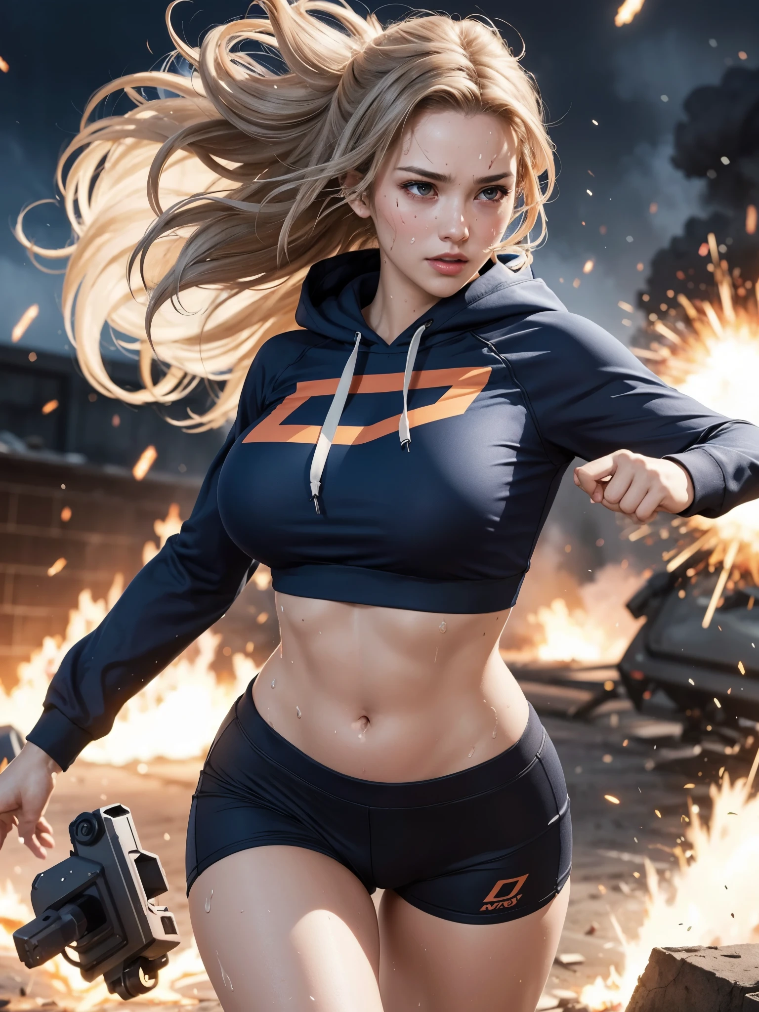 girl in the middle of explosions, BREAK, 1girl, (windswept floating hair:1.2), looking at viewer, (explosion:1.2), fire particles, navel, crop top hoodie, glowing fire, best quality, (realism:1.4), cinematic, (erotic expression:1.2), lusterous satin texture, super sentai heroine, dust, debris, (running pose:1.4), (sweat, shiny skin:1.4), (gigantic breasts), (thick thighs:0.9), (obese body:0.8), (fat thighs:0.6), (wide hips:0.8), 