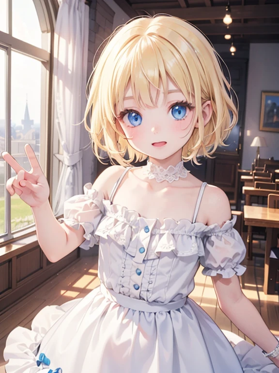 (8k, highest quality, Tabletop:1.2)、Ultra-high resolution, 4 year old girl, Perfect Fingers, Detailed face, blue eyes, Blonde, short hair, White ruffle dress, Inside the castle, Dance