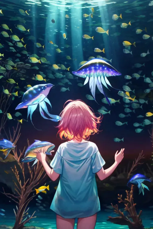 jellyfish、光るjellyfish、aquarium、tropical fish、colorfulな魚、girl、in the water、spreading hair、aquarium、light pink transparent hair co...