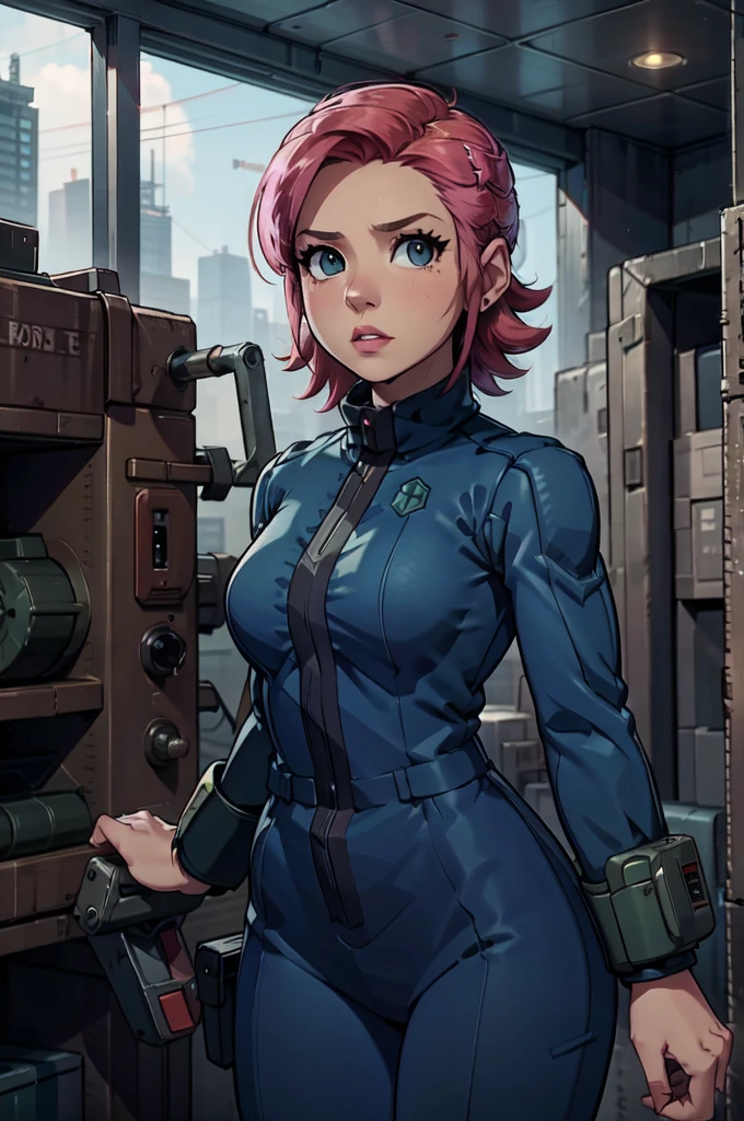 Mayl Sakurai reimagined as a vault dweller, doing maintenance in an underground vault. Her vibrant pink hair stands out against the dimly lit environment. She is a 26-year-old woman dressed in a vault dweller jumpsuit, indicative of her role in the post-apocalyptic world. The jumpsuit is worn but still functional, reflecting the harsh conditions of life underground. Her face is beautifully detailed, with expressive eyes that convey determination and intelligence. Her lips are also well-defined, adding to her overall allure.

In the vault, Mayl Sakurai is seen operating a pipboy, a wrist-worn device that serves as an essential tool and information hub for survival in the vault. The pipboy's screen emits a soft glow, illuminating Mayl's face and casting a subtle green hue on the surroundings. The details on the pipboy, from its buttons to its display, are extremely detailed, showcasing its futuristic design.

The underground vault is filled with mechanical equipment and pipes, emphasizing the importance of maintenance in this post-apocalyptic world. The atmosphere is gritty and industrial, with a hint of mystery and danger. The lighting is dim and has a hint of blue tones, enhancing the underground ambiance.

Despite the grim surroundings, Mayl Sakurai exudes confidence and strength as she jumps into action, ready to fulfill her duties as a vault dweller. Her posture and expression suggest that she is prepared to face any challenge that comes her way.

The image quality should be at its best, with 4K resolution and ultra-detailed rendering, capturing every intricate detail of the scene. The colors should be vivid, emphasizing the contrast between Mayl's vibrant pink hair and the dimly lit environment. The overall style should lean towards a post-apocalyptic concept art aesthetic, blending realism with a touch of fantasy.

In summary, the Stable Diffusion prompt for the provided theme would be:
Mayl Sakurai reimagined as a vault dweller, doing maintenance in an undergr