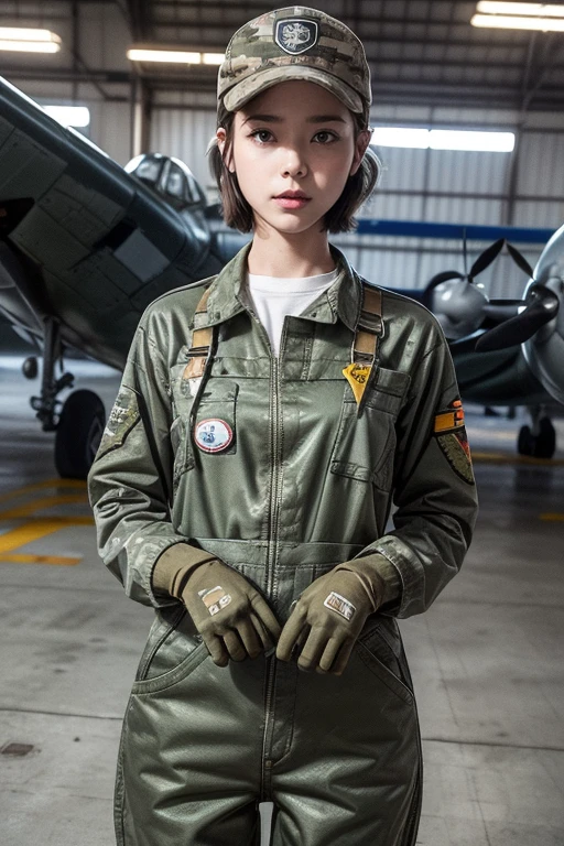 highest quality, ((Professional photos, RAW Photos)), Insanely Real, Very delicate and beautiful, Ultra-high resolution, Realistic lighting and shading, (A realistic image of a very cute female aircraft mechanic, alone), wide々Inside the aircraft hangar, A World War II-era monoplane fighter can be seen in the background...., Aircraft parts scattered on the floor, Maintenance Tools, She is in charge of aircraft maintenance...., (Wearing a long-sleeved mechanic coverall with a military camouflage pattern), (Wear heavy duty mechanic gloves), (Wear a headset), Her hair will be tied up later, Very professional mechanics, Mysterious Smile, ((Very beautiful eyes and face)), (Amazingly beautiful, Natural skin texture), Accurate Eyes, Accurate needle, Overall well-balanced body, ((15-year-old girl, Very short hair:1.3, Cute type, slim, The body is slim:1.3, Baseball cap))