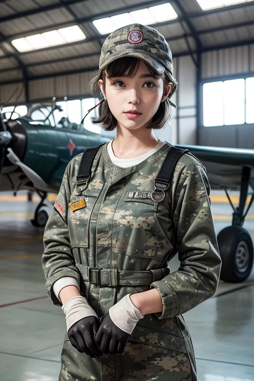 highest quality, ((Professional photos, RAW Photos)), Insanely Real, Very delicate and beautiful, Ultra-high resolution, Realistic lighting and shading, (A realistic image of a very cute female aircraft mechanic, alone), wide々Inside the aircraft hangar, A World War II-era monoplane fighter can be seen in the background...., Aircraft parts scattered on the floor, Maintenance Tools, She is in charge of aircraft maintenance...., (Wearing a long-sleeved mechanic coverall with a military camouflage pattern), (Wear heavy duty mechanic gloves), (Wear a headset), Her hair will be tied up later, Very professional mechanics, Mysterious Smile, ((Very beautiful eyes and face)), (Amazingly beautiful, Natural skin texture), Accurate Eyes, Accurate needle, Overall well-balanced body, ((15-year-old girl, Very short hair:1.3, Cute type, slim, The body is slim:1.3, Baseball cap))