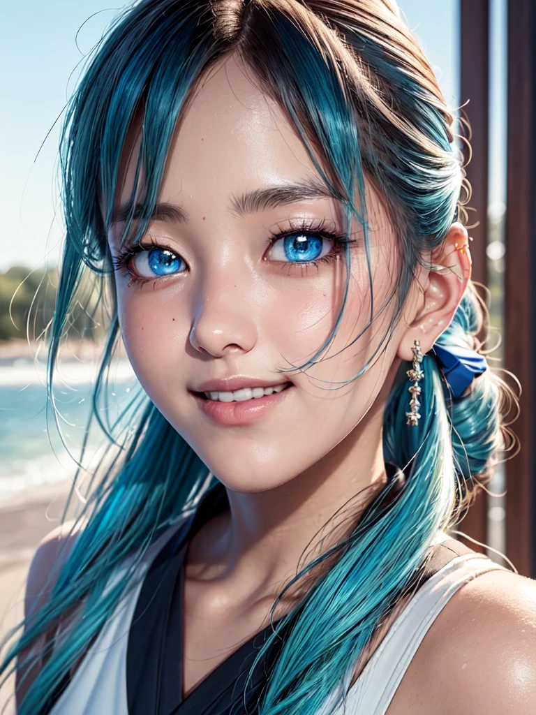 (masterpiece), (best quality), (ultra detailed),(disheveled hair),(illustration), (1girl), standing, smiling, beautiful detailed eyes, light blue eyes, detailed beautiful face, (kamisato ayaka: 1.2), focus on face,  ponytail, kamisato ayaka(genshin impact), light blue hair, detailed hair, bangs, best lighting, best shadow, highly detailed, vibrant