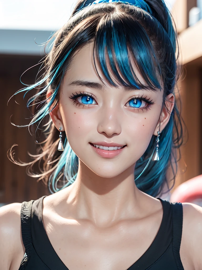 (masterpiece), (best quality), (ultra detailed),(disheveled hair),(illustration), (1girl), standing, smiling, beautiful detailed eyes, light blue eyes, detailed beautiful face, (kamisato ayaka: 1.2), focus on face,  ponytail, kamisato ayaka(genshin impact), light blue hair, detailed hair, bangs, best lighting, best shadow, highly detailed, vibrant