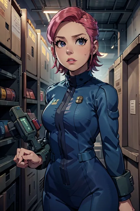 Mayl Sakurai reimagined as a vault dweller, doing maintenance in an underground vault. Her vibrant pink hair stands out against ...