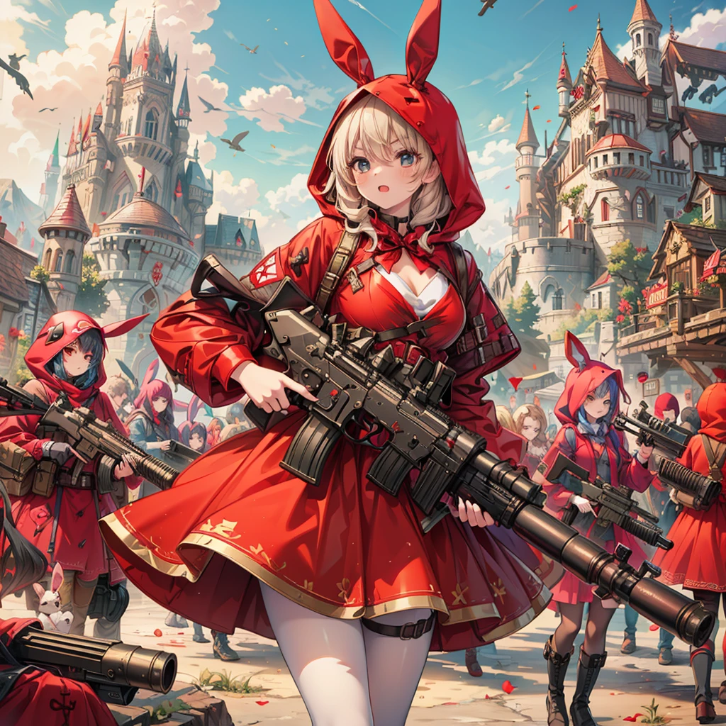 (шедевр), Лучшее качество, Фэнтези-арт, many little girls in красный капюшон and dress holding weapon at wonderland, (((everyone wearing красный капюшон))), уши кролика, пояс для боеприпасов, пистолет, machine пистолет, gatling пистолет, hand пистолет,Оружие, (красный_капюшон:1.5)