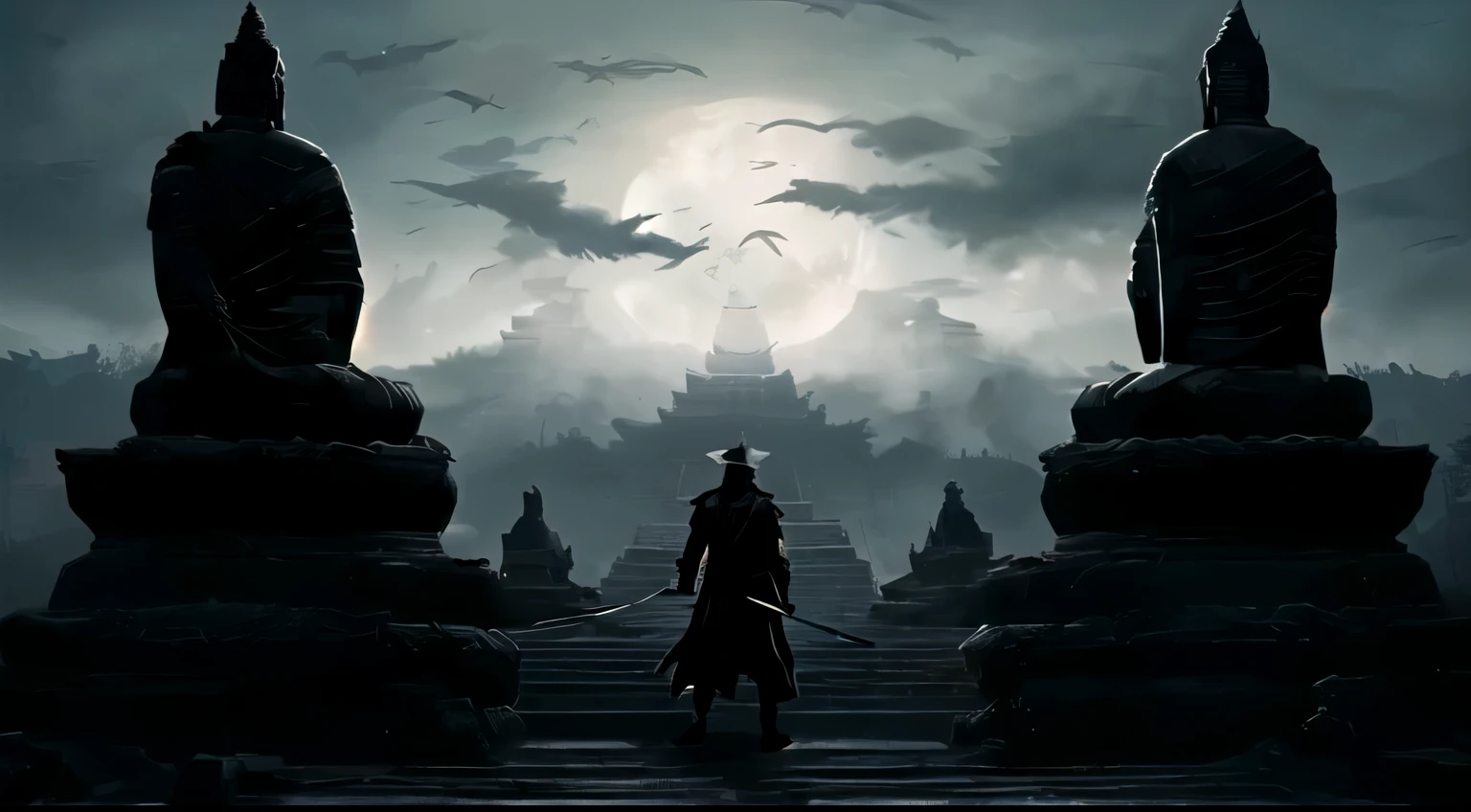 there is a man walking up a set of stairs with statues, sekiro in bloodborne world, sekiro, sekiro mountain, an ominous fantasy illustration, inspired by Ma Shi, inspired by Kanō Hōgai, ghost of tsushima, mysterious temple setting, cinematic 4k wallpaper, cinematic 4 k wallpaper, dramatic concept art, dramatic lighting. concept art