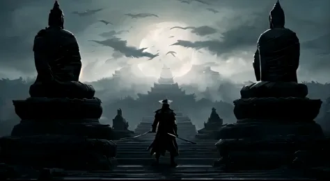 there is a man walking up a set of stairs with statues, sekiro in bloodborne world, sekiro, sekiro mountain, an ominous fantasy ...