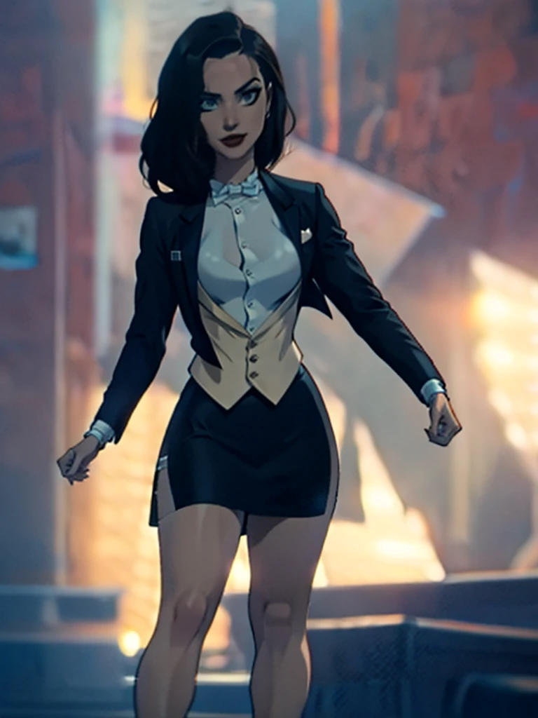 Zatanna, realistic, realism, photorealism, photo-realistic, high contrast, (photorealistic:1.4), 8k high definition detailed realistic, (best quality, masterpiece:1.2),  photon mapping, radiosity, physically-based rendering, best quality, highly detailed, 1girl, anaa, full body, Jewelry, suit and bowtie, (((tuxedo))), silk dress shirt, shirt and bowtie,big chest (((bowtie))), ((blazer)), ((suit jacket)), ((waistcoat)), ((bodycon miniskirt)), (((pencil skirt))), pantyhose, tights, stockings, pocket square, tailored suit, (((cufflinks))), smile, full body, high heels, white gloves, hot body , gorgeous breast