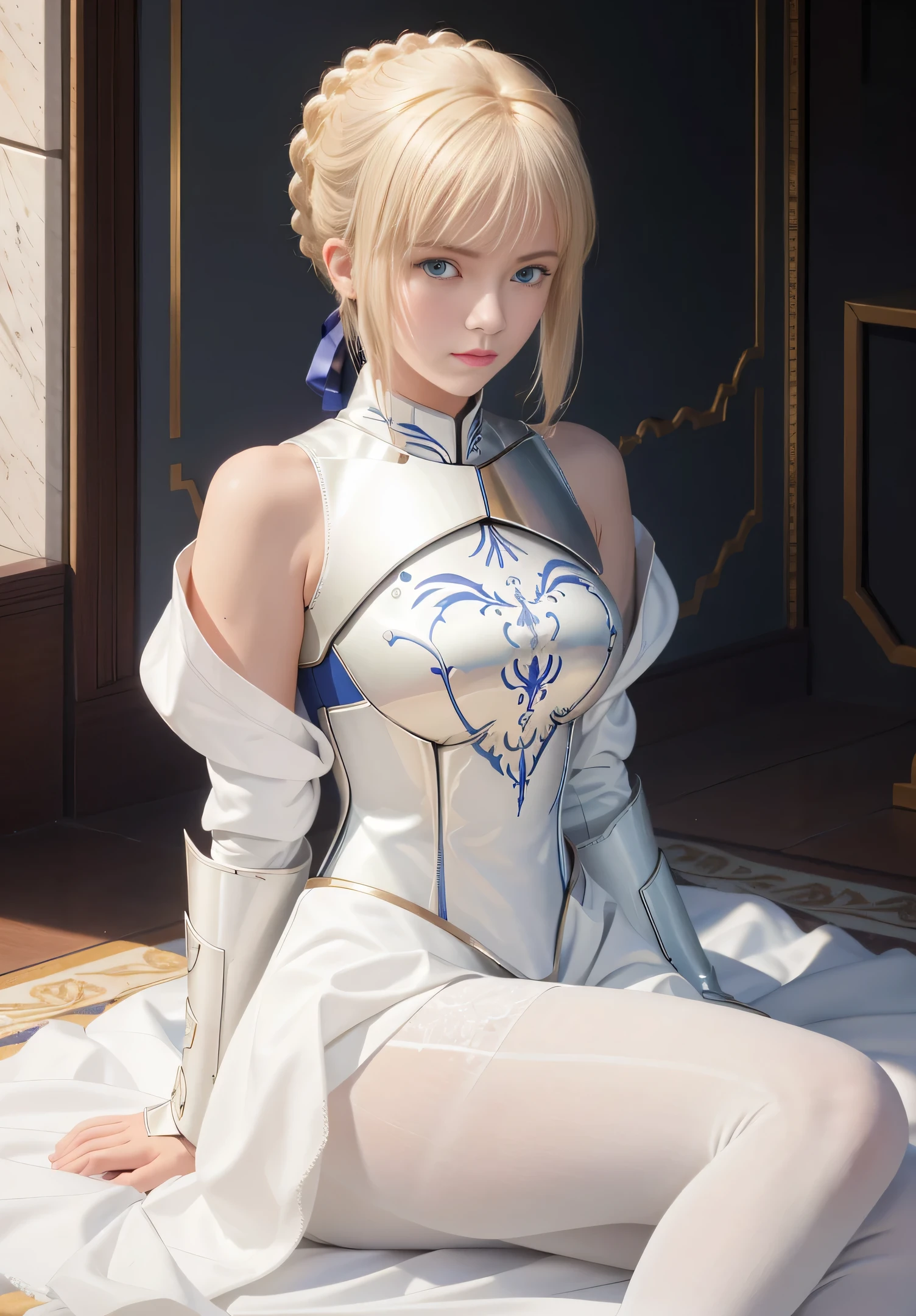 La mejor calidad, Obra maestra,phSaber, phAltoria, 1girl, solamente, Trenza francesa, resplandeciente, Hair bun, Parte superior del cuerpo, white luxury bra,white luxury panties,white luxury pantyhose,green eyes,blue armor dress,leg armor,shoulder armor,breast armor,arms armor,luxury blue armor ,detailed 