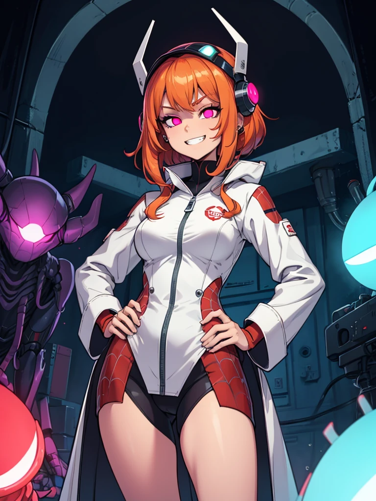 Sfw, mind control Sam by spider helmet robot, ginger hair, 'I have Sam's body', successfully possessed Sam, Glowing red piercing eyes, pervy evil grin, 'this is my body now', hahahaha, satisfying looks, venus body, , wearing white laboratory coat with green spy suit underneath, hands on hip, spider helmet