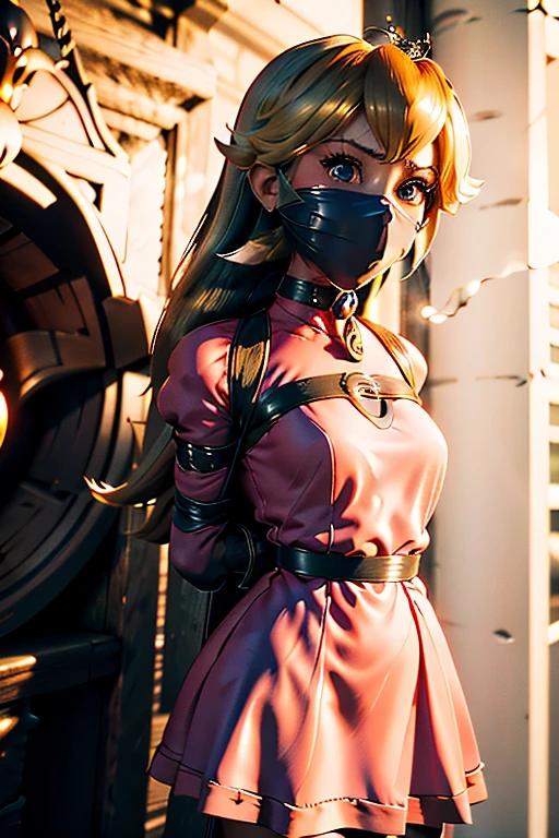 8k,highres,wallpaper, 3d, 3d animation, best quality, 1girl,looking at viewer,simple background, pink dress, peach, (bondage, arms behind back :1.4) , (tight face mask), (complete shot)