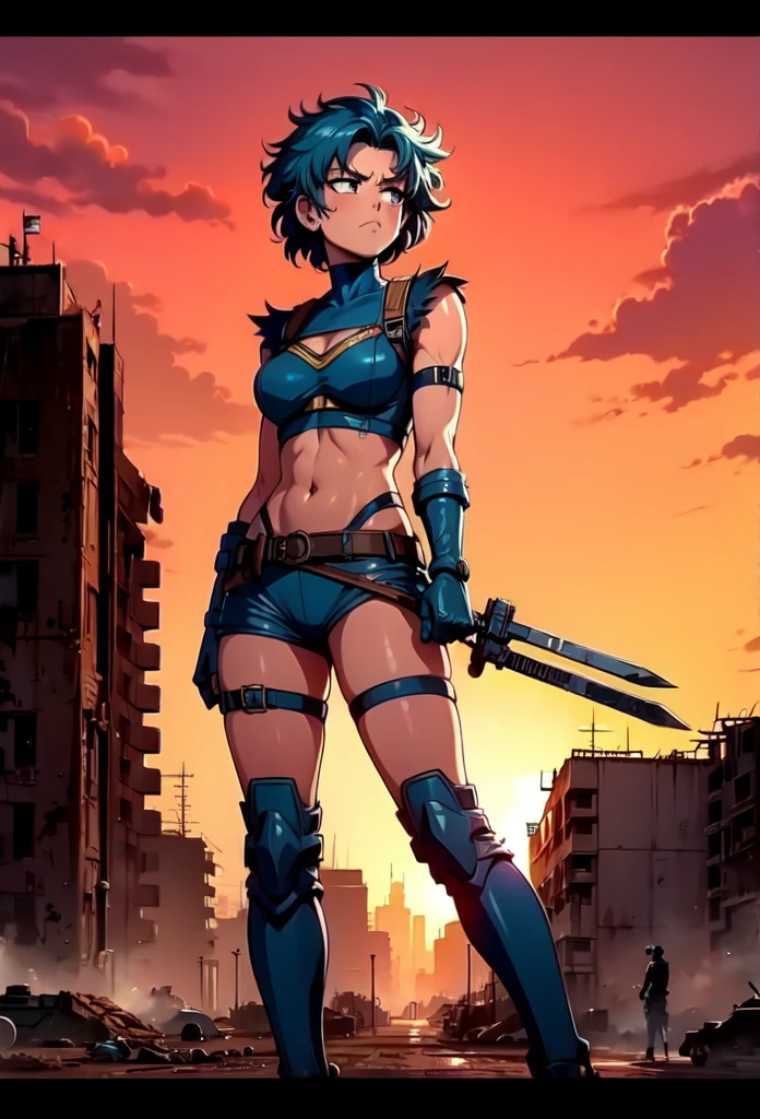 (best quality,4k,8k,highres,masterpiece:1.2),ultra-detailed,Ami Mizuno as a Mad Max survivor in the Westland,deserted post-apocalyptic world,dusty landscape,harsh sunlight,burning orange sky,gritty and distressed,ripped and tattered clothing,utility belt with survival tools,protective goggles covered with dust,Ami's bright blue hair flowing in the wind,determined and fierce expression,holding a modified high-tech weapon,scanning the horizon for danger,thick layers of dirt and grime on her face and hands,imposing scar across her cheek,distant ruins of a futuristic city in the background,Ami's transformation into a hardened warrior,blending her intelligence and strength,creating an iconic and empowering image,combining anime style with the gritty aesthetics of Mad Max. full body