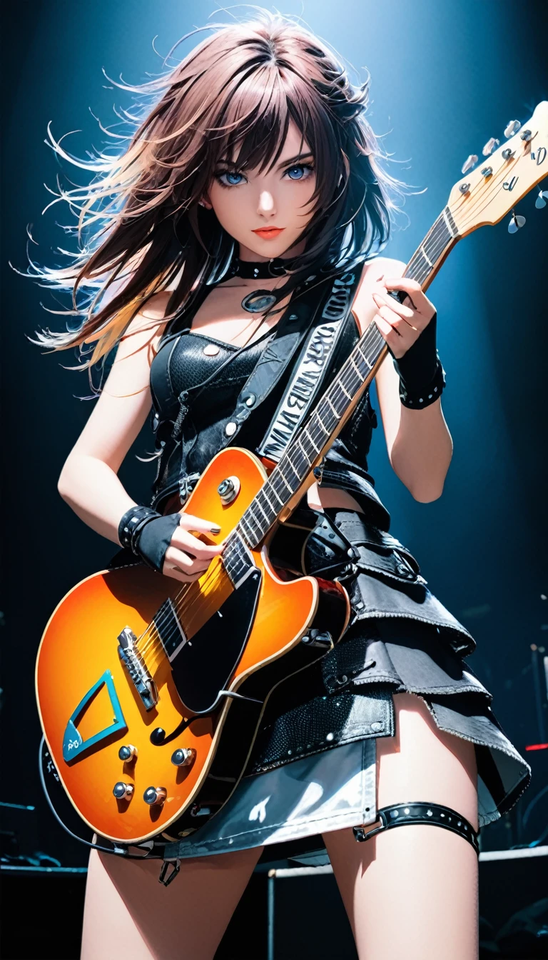 Rock girl stands on stage with a guitar. A photo with a flash, very detailed eyes,  looking closely at the camera, complex parts, Unusual hair, complex parts, complex parts, complex parts