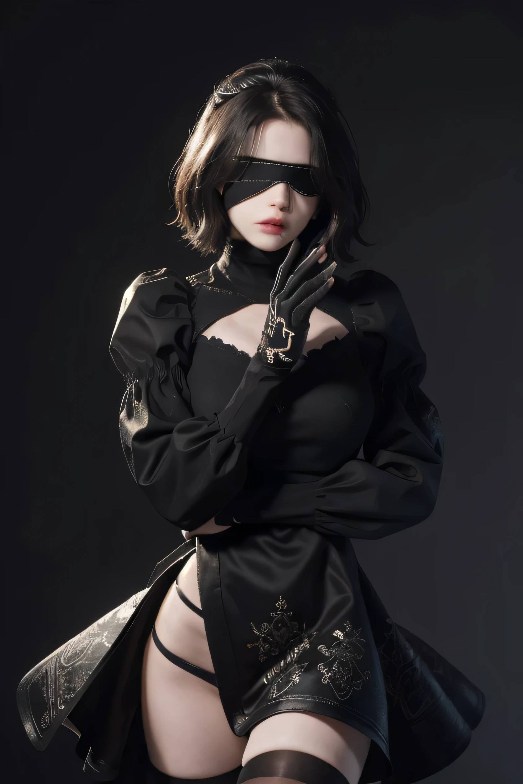 ((Wallpaper 8K)), ((High resolution)), ((masterpiece)), ((highest quality:1.2)), ((High resolution)), ((Absurd)), Portraiture, Upper Body,  translation, Black blindfold, eyes covered, Mole under the mouth, Clothing cutouts, Long sleeve, Puffy sleeves, Juliet Sleeve, Feather ornament, Black knee socks, Black gloves, Black Dress, Black Skirt, Background of the ruined city, 