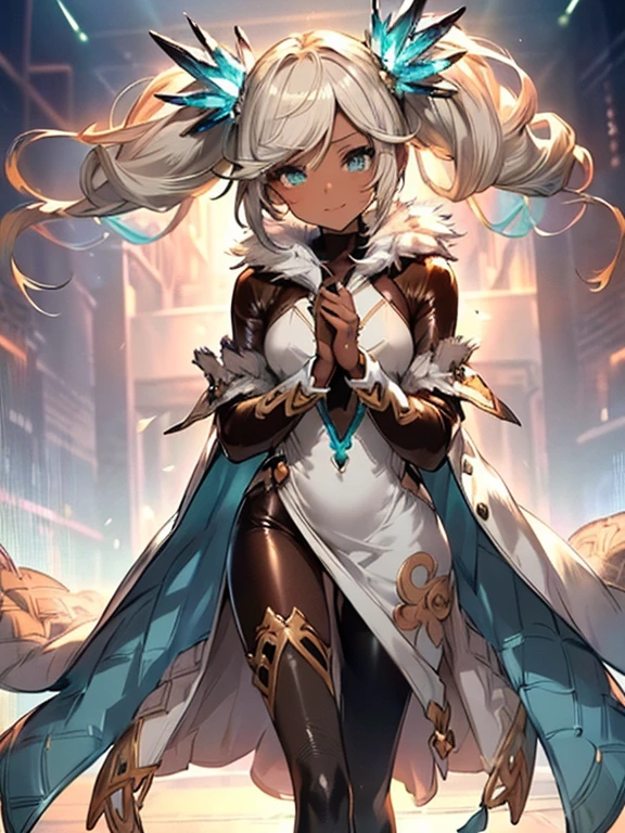 Iooiklas,Platinum Blonde Hair,Twin tails, hair ornaments, White Dress, Black knee socks, 
Removable sleeves,Complex eyes,Beautiful fine details,Symmetrical eyes,Big eyes:1.5,
(((dark skin,dark_skin,lustrous skin:1.5,bright skin: 1.5,
skin tanned,shiny skin,very shiny skin,Shiny body,plastic glitter 
skin,exaggerated shiny skin,illuminated skin))),
(,Detailed body,(Detailed face)), cute,Lewd,erotic,Bold,Camel toe revealing outfit,show skin,(((Sexy aqua fur coat, Aqua fur coat outfit,
 wearing a Ice Dress:1.3,aqua 冬 coat))), ((Ice Dress,elegant Ice Dress)),
(White gloves,White clothes,(((Complex outfit,Complicated clothes,Embroidered costume,Glamorous costumes,Embroidered clothes,
Glamorous clothing))),skinsuit, Bodysuits, pantyhose,Seductive eyes,embarrassed grin,
High resolution,Sharp focus,(Super detailed,Very detailed),(Very detailed CG unity 8k wallpaper),
(((Vibrant colors))),View from below,Dancing happily,crowd,blurry background,medieval tavern,