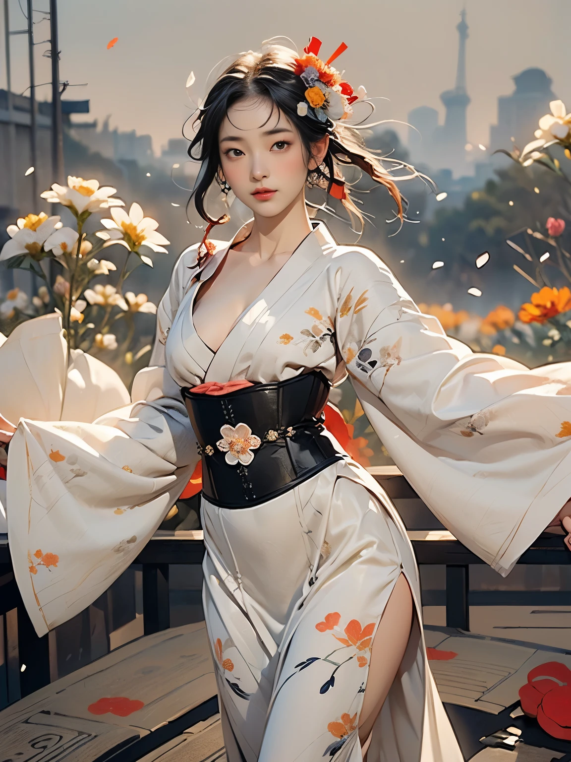 (8k, highest quality, masterpiece)，{Realistic, RAW Photos, Super Fine Clear, Portraiture, (Influenced by ukiyo-e Painting style:1.6)}, Realistic Light, Detailed skin, (Beautiful woman with slim figure, Age 25, dancer:1.5), Thin legs, fine grain, Long white hair, Detailed fingers, thin, Sexual, Expressions of Ecstasy, Dynamic and sexy pose, (big Bouncy Firm Bust:1.4), (sexy long Dress, underbust corset:1.2),(The dress has a wide opening at the chest;1.6), Exposing the breasts, (arcadia, Flower Storm, many flowers:1.8), Wide and beautiful view, (cabaret, paris in 18th century:1.5),
