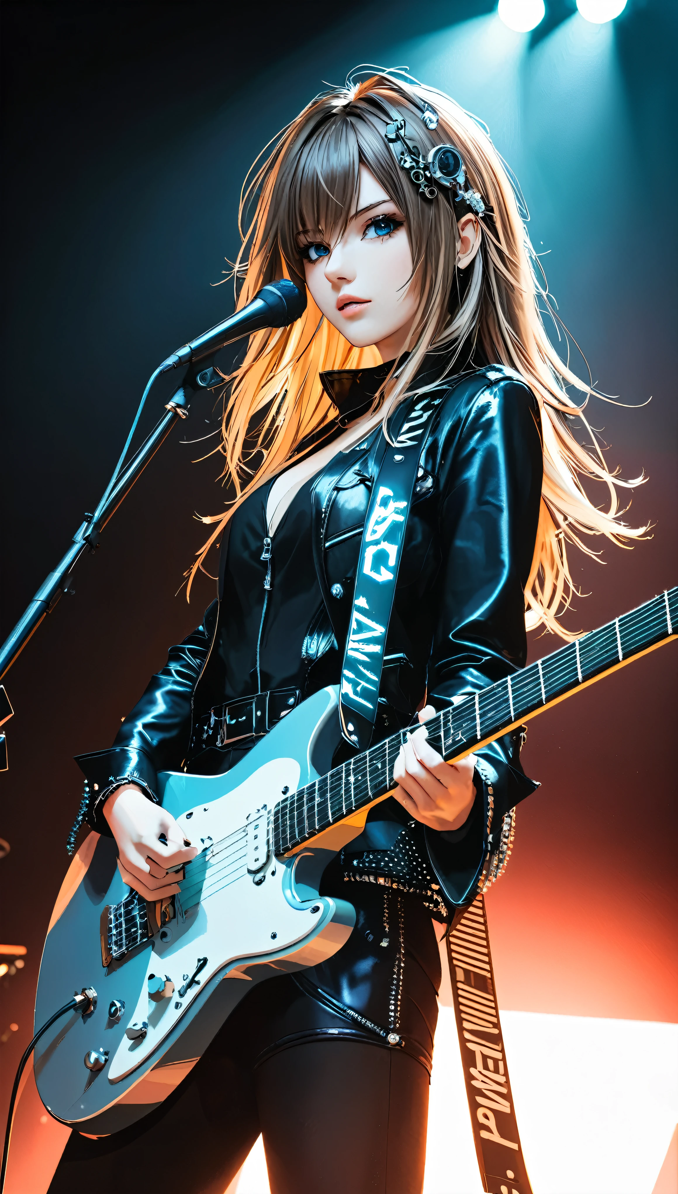 Rock girl stands on stage with a guitar. A photo with a flash, very detailed eyes,  looking closely at the camera, complex parts, Unusual hair, complex parts, complex parts, complex parts