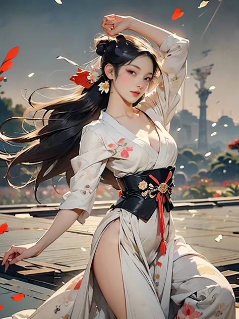 (8k, highest quality, masterpiece)，{Realistic, RAW Photos, Super Fine Clear, Portraiture, (Influenced by ukiyo-e Painting style:1.6)}, Realistic Light, Detailed skin, (Beautiful woman with slim figure, Age 25, dancer:1.5), Thin legs, fine grain, Long white...