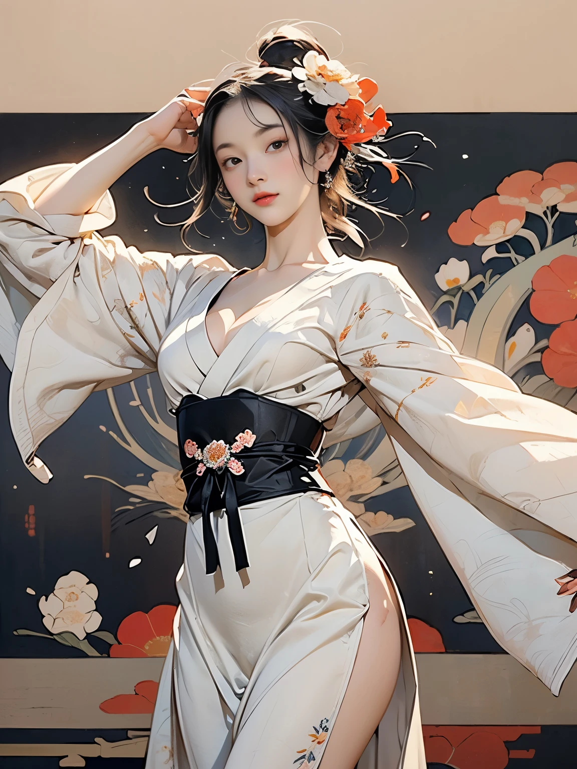 (8k, highest quality, masterpiece)，{Realistic, RAW Photos, Super Fine Clear, Portraiture, (Influenced by ukiyo-e Painting style:1.6)}, Realistic Light, Detailed skin, (Beautiful woman with slim figure, Age 25, dancer:1.5), Thin legs, fine grain, Long white hair, Detailed fingers, thin, Sexual, Expressions of Ecstasy, Dynamic and sexy pose, (big Bouncy Firm Bust:1.4), (sexy long Dress, underbust corset:1.2),(The dress has a wide opening at the chest;1.6), Exposing the breasts, (arcadia, Flower Storm, many flowers:1.8), Wide and beautiful view, (cabaretin paris in 18th century:1.5),