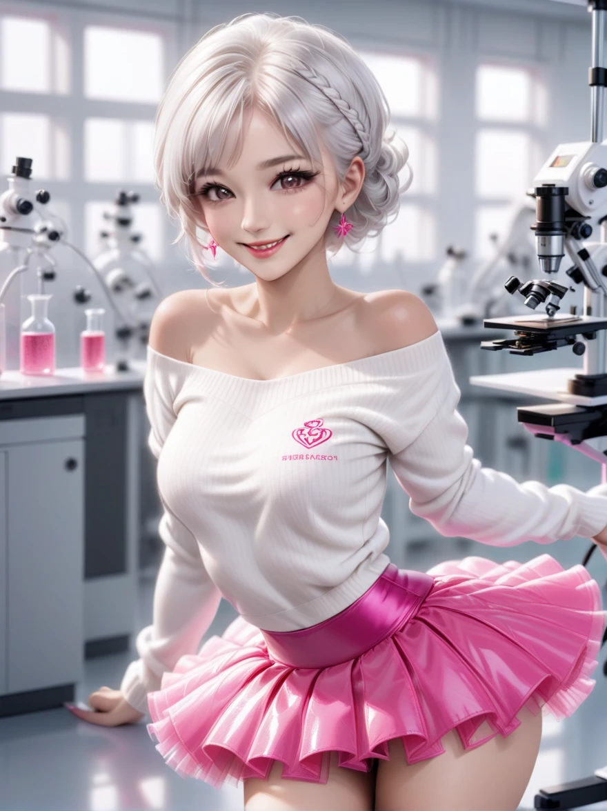 breathtaking beautiful woman wearing a highlighter pink (tutu skirt), coy smile, looking at viewer,
(white hair Fringe),
off-the-shoulder sweater,
tilt shot,
(science laboratory),
lifting one leg in a playful manner,
anxious, . award-winning, professional, highly detailed