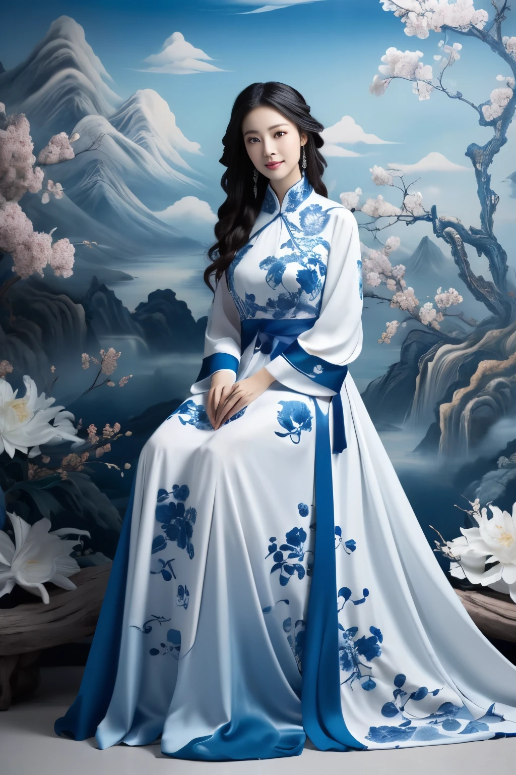 Best quality,masterpiece,best quality,photo realism,official art,(full body photo:1.5),A girl sitting amidst a bouquet of flowers,smiling with rosy cheeks,adorned with elegant long black hair,dressed in a blue floral print dress themed in shades of cyan and white,reminiscent of blue-and-white porcelain patterns. Surrounded by blooming lilies,set against a backdrop evocative of clouds and sky from traditional Chinese landscape paintings,in the style of photorealistic art,intricate detail,sharp focus,vibrant colors,high-definition imagery,capturing the essence of tranquility and elegance,high-definition,shooting on Fuji xt-5,8k,high detail,epic film,soft natural light,