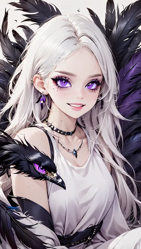 a beautiful white-haired girl with piercing purple eyes, open your lips wide and smile, black nails, surrounded by black feather...