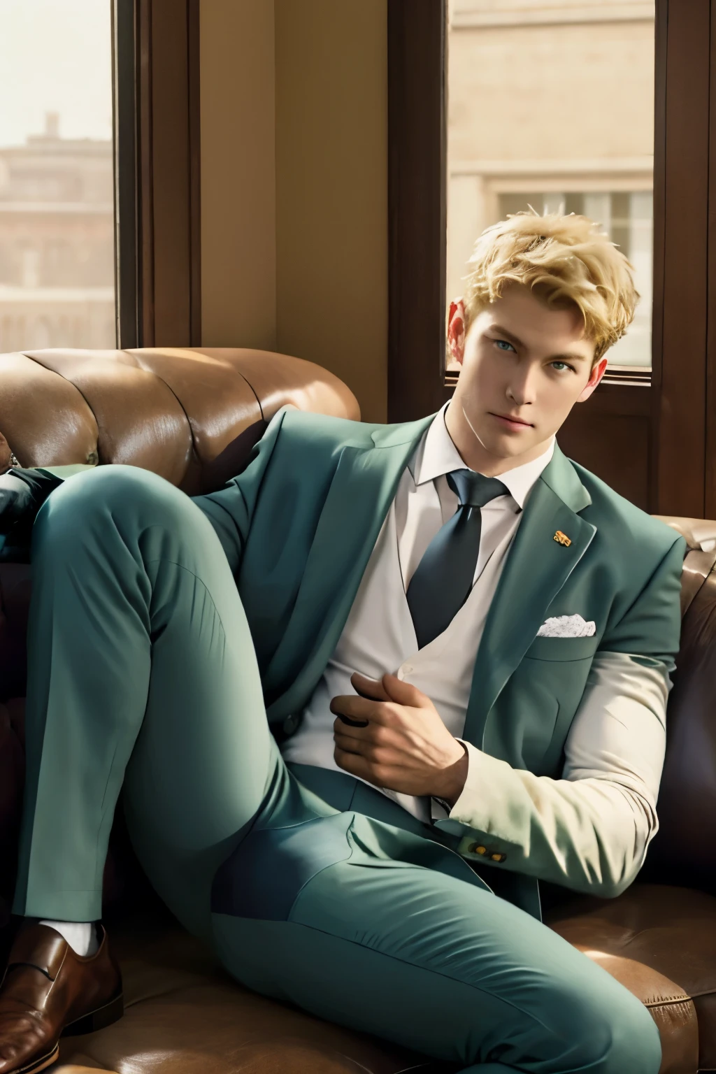 loid_forger, solo, looking at viewer, short hair, blue eyes, blonde hair, shirt, gloves, 1boy, sitting, jacket, white shirt, male focus, black gloves, pants, indoors, spread legs, open jacket, muscular, formal, abs, cat, suit, pectorals, big huge bulge, couch, green jacket, unbuttoned, green pants, 