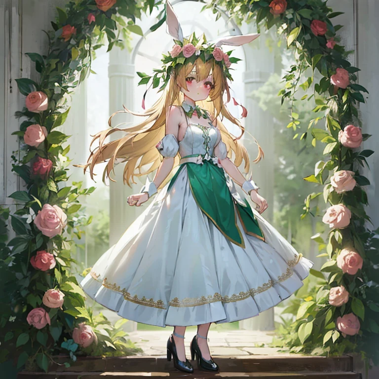 Woman in dress and rabbit ears standing in front of the window,  in dress, Cute anime waifu in a nice dress, a maid in a magical forest, goddess of spring, cushart krenz key art feminine, anime goddess, fey queen of the summer forest, Beautiful maiden, royal elegant pose, nature goddess