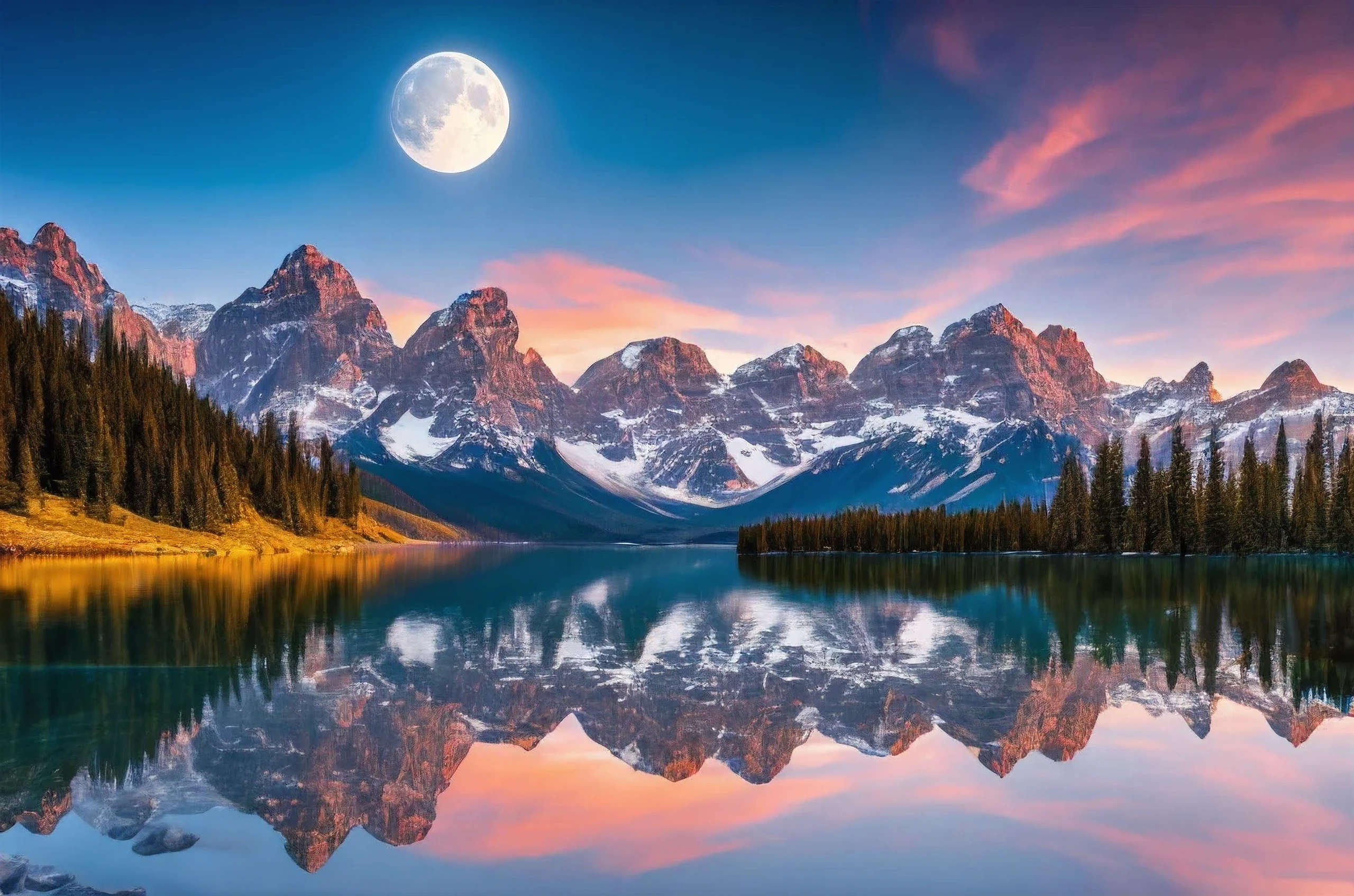 mountains and lake with moon in the sky, Highly detailed 4K digital art, 4K HD wallpapers are very detailed, impressive fantasy landscape, sci-fi fantasy desktop wallpaper, unreal engine 4k wallpaper, Detailed digital art 4k, Sci-fi fantasy wallpaper, Epic fairytale fantasy landscape, 4k HD matte digital painting, Stunning 8K images