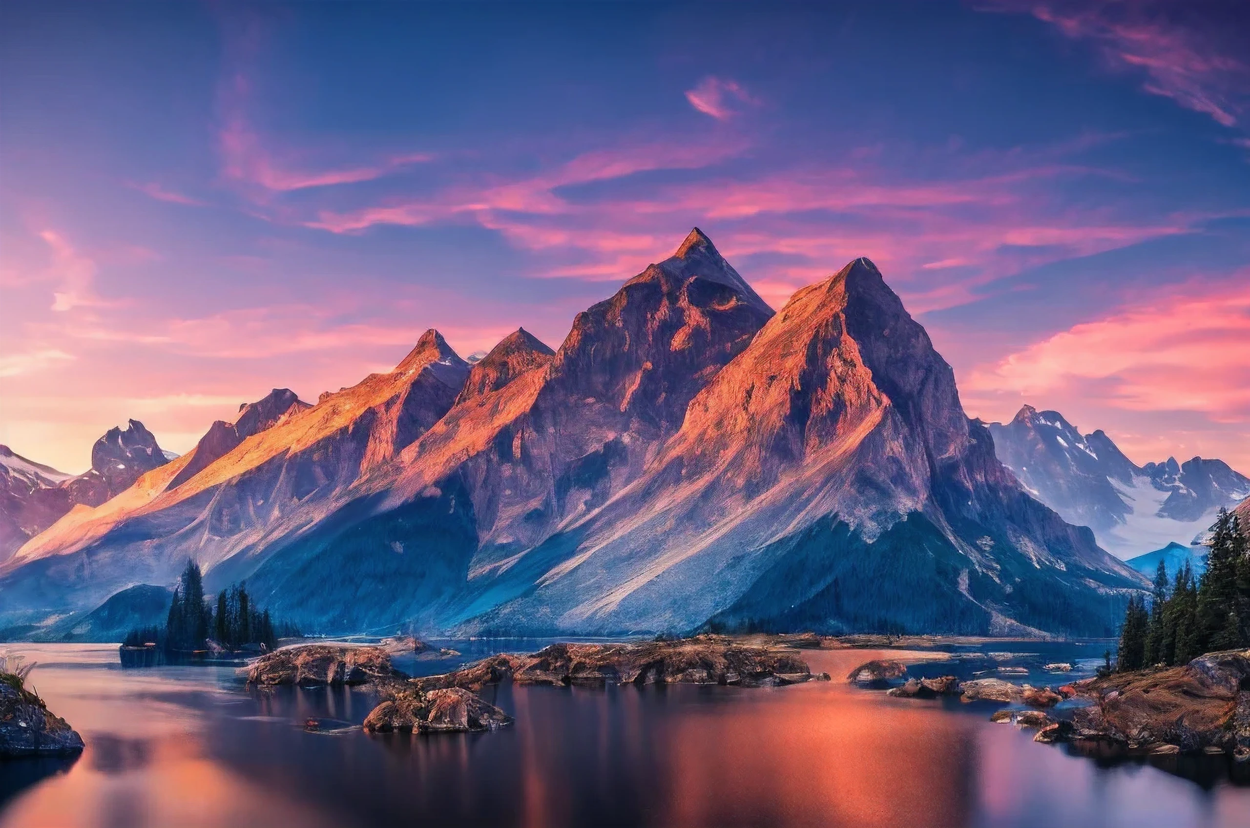 mountains and lake with moon in the sky, Highly detailed 4K digital art, 4K HD wallpapers are very detailed, impressive fantasy landscape, sci-fi fantasy desktop wallpaper, unreal engine 4k wallpaper, Detailed digital art 4k, Sci-fi fantasy wallpaper, Epic fairytale fantasy landscape, 4k HD matte digital painting, Stunning 8K images