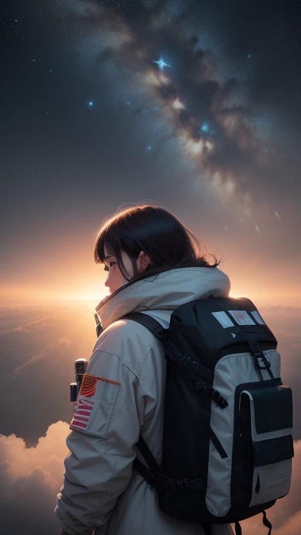 ((Meisterwerk, höchste Qualität, beste Bildqualität, Hohe Auflösung, realistisch, RAW-Fotos, 8k)),Hintergrund, Von hinten in das Licht eines kleinen Sterns getaucht, Astronaut schwebt im interstellaren Raum, Mit Raketenantrieb aus dem Rucksack durchs All fliegen, Riesiges Raumschiff, Der interstellare Raum strahlt gleichmäßig Licht aus, Astronaut schwebt in den Weiten des Weltalls, ((Fügen Sie einen Bewegungsunschärfe-Effekt hinzu, um den Stern&#39;s Licht strahlen.))