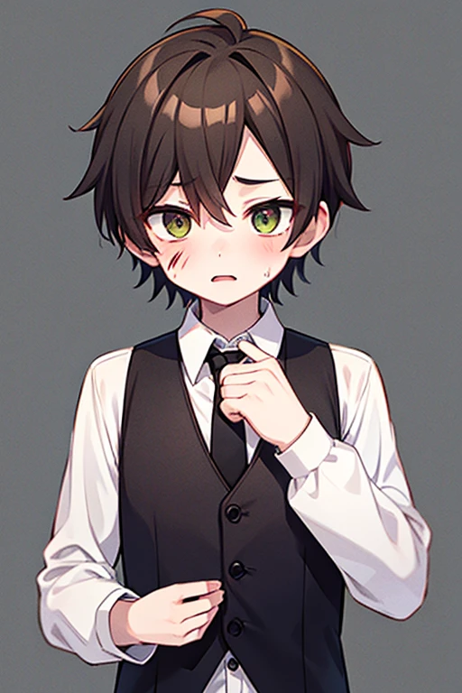 1boy, "anime boy", feminine body, tall, brown hair, emerald eyes, slim physique, pale skin, bloodied face, nose bandage, wearing black vest and necktie, frustrated expression, gray long sleeve