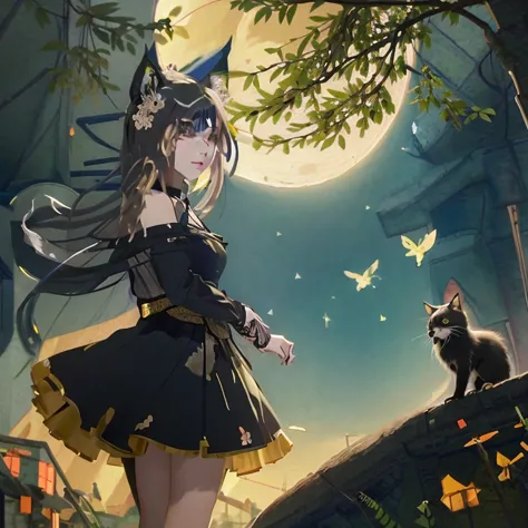 anime girl in black dress with cat and bird, anime girl with cat ears, beautiful anime catgirl, very beautiful anime cat girl, a...