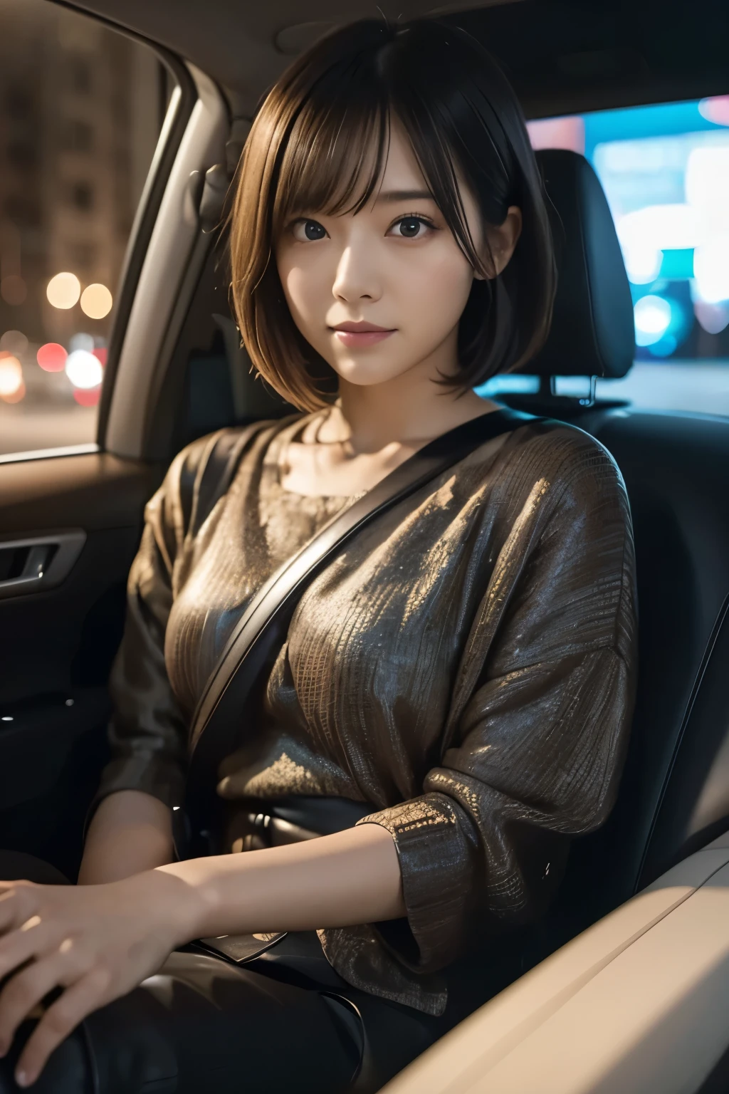 8k, RAW Photos,highest quality,masterpiece,Ultra-high resolution,Photorealistic,Beautiful girl photo,Iris,cute,Medium Bob Hair,Beautiful Japanese Girls,>,Exquisitely crafted,>,(Generate images of night driving from inside a car)
Generate an image of a woman sitting in a car seat. A woman should look relaxed and satisfied., As if enjoying a test drive. clothing, Expressing the interior atmosphere more vividly. Night Background