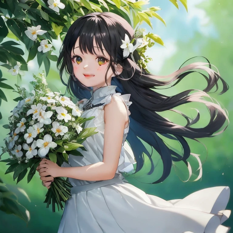 Garota anime com longos cabelos pretos segurando um buquê de flores, Guweiz on pixiv artstation, Guweiz, Guweiz on artstation pixiv, estilo de arte anime moe, com flores, artwork in the style of Guweiz,  de vestido, Héstia, Imagens de anime de garotas fofas, waifu de anime fofo em um lindo vestido, Também