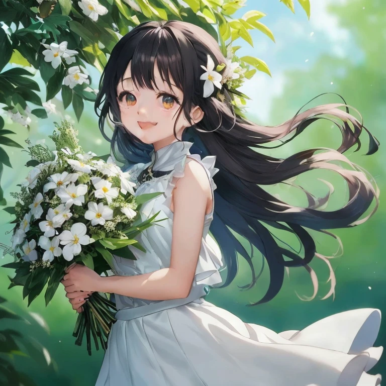 Anime girl with long black hair holding bouquet of flowers, guweiz on pixiv artstation, guweiz, guweiz on artstation pixiv, anime moe art style, with flowers, artwork in the style of guweiz,  in dress, hestia, Anime visuals of cute girls, Cute anime waifu in a nice dress, Rin