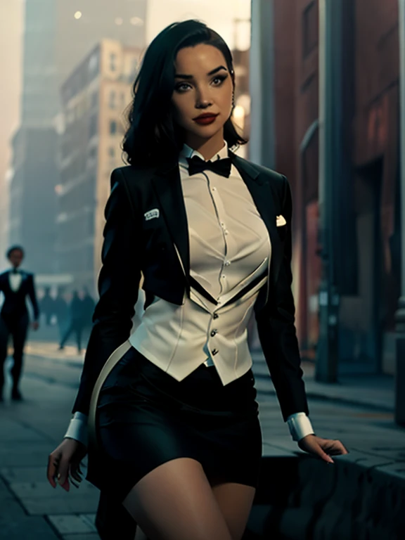 Merveilleuse journée, Zatanna, Réaliste, le réalisme, photole réalisme, photo-Réaliste, Contraste élevé, (photoRéaliste:1.4), 8k high definition detailed Réaliste, (Meilleure qualité, chef-d&#39;œuvre:1.2),  cartographie des photons, radiosité, Rendu basé sur la physique, Meilleure qualité, très détaillé, 1fille, DISPONIBLE, tout le corps, bijoux, suit and noeud papillon, (((smoking))), chemise habillée en soie, shirt and noeud papillon,grosse poitrine (((noeud papillon))), ((blazer)), ((veste de costume)), ((gilet)), ((mini-jupe moulante)), (((jupe crayon))), collants, collants, bas, pochette de costume, costume, (((boutons de manchette))), sourire, tout le corps, Talons hauts, Gants blancs, Corps chaud , poitrine magnifique, Des seins énormes, ((lumière du jour )) Les rues de New York en arrière-plan, (((grosses cuisses sexy))) , tout le corps, s&#39;asseoir au genou