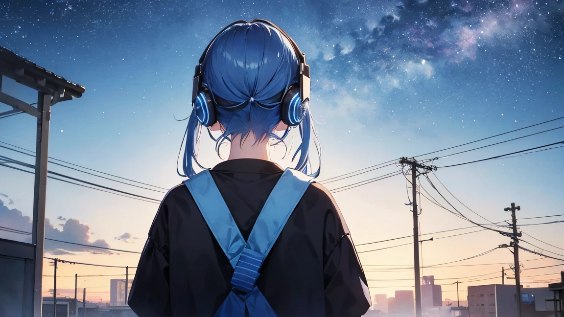 Building roof　Blue Hair、、The starry sky fills the screen.、Girl&#39;s back view。Woman wearing headphones 4k, sad,、Bowwater&#39;Art Style、Beautiful digital illustrations、Beautiful character drawings、Stunning Anime Face Portrait Mikudayo, Official artwork, LOFI Girl, Appreciate the Art Style,, Halfbeak, Anime atmosphere, A mix of anime style and Fujifilm, Digital anime illustration, anime wallpaper 4k　Girl with headphones Blue Hair Woman　Put on headphones;　　　High resolution　high quality　Beautiful and realistic sky　The sky is the main character　Back view　Back view　The scenery is the main thing　The scenery is the main thing　Emotional　lofi old camera film　deep　3d